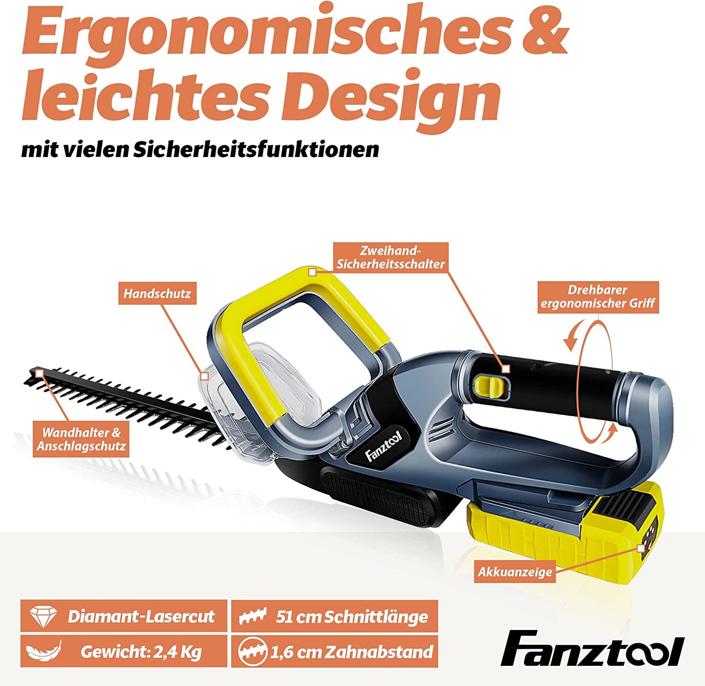 Taille-haie sans fil FANZTOOL 12A (batterie 20 V, 2 Ah, longueur de coupe 510 mm, espacement des dents 16 mm, 2,4 kg, batterie et chargeur inclus)