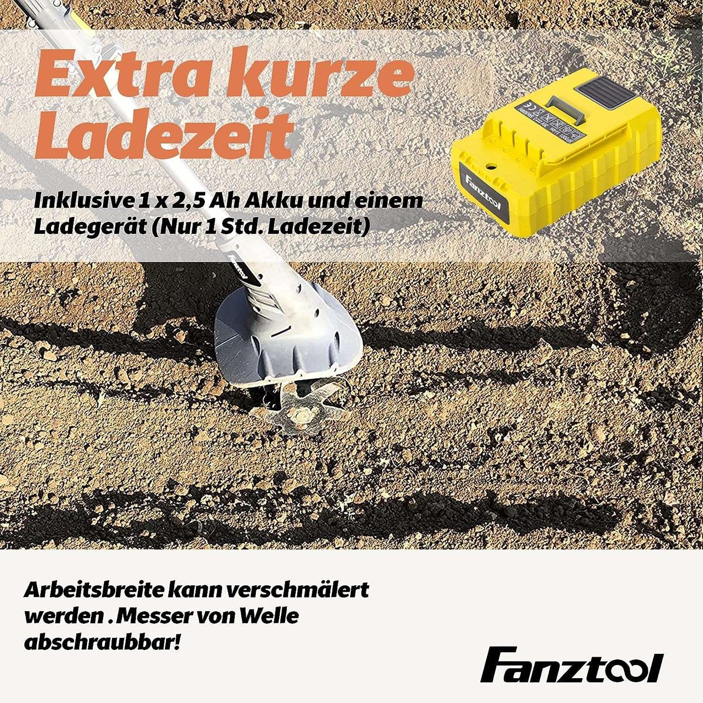Gebraucht - FANZTOOL 20V Motorhacke Mini-Bodenhacke Bodenkrümler Gartenhacke Kultivator mit 20cm Arbeitsbreite und leistungsstarkem 2,5Ah Li-Ion-Akku von SAMSUNG (Motorhacke+Rasentrimmer Set)