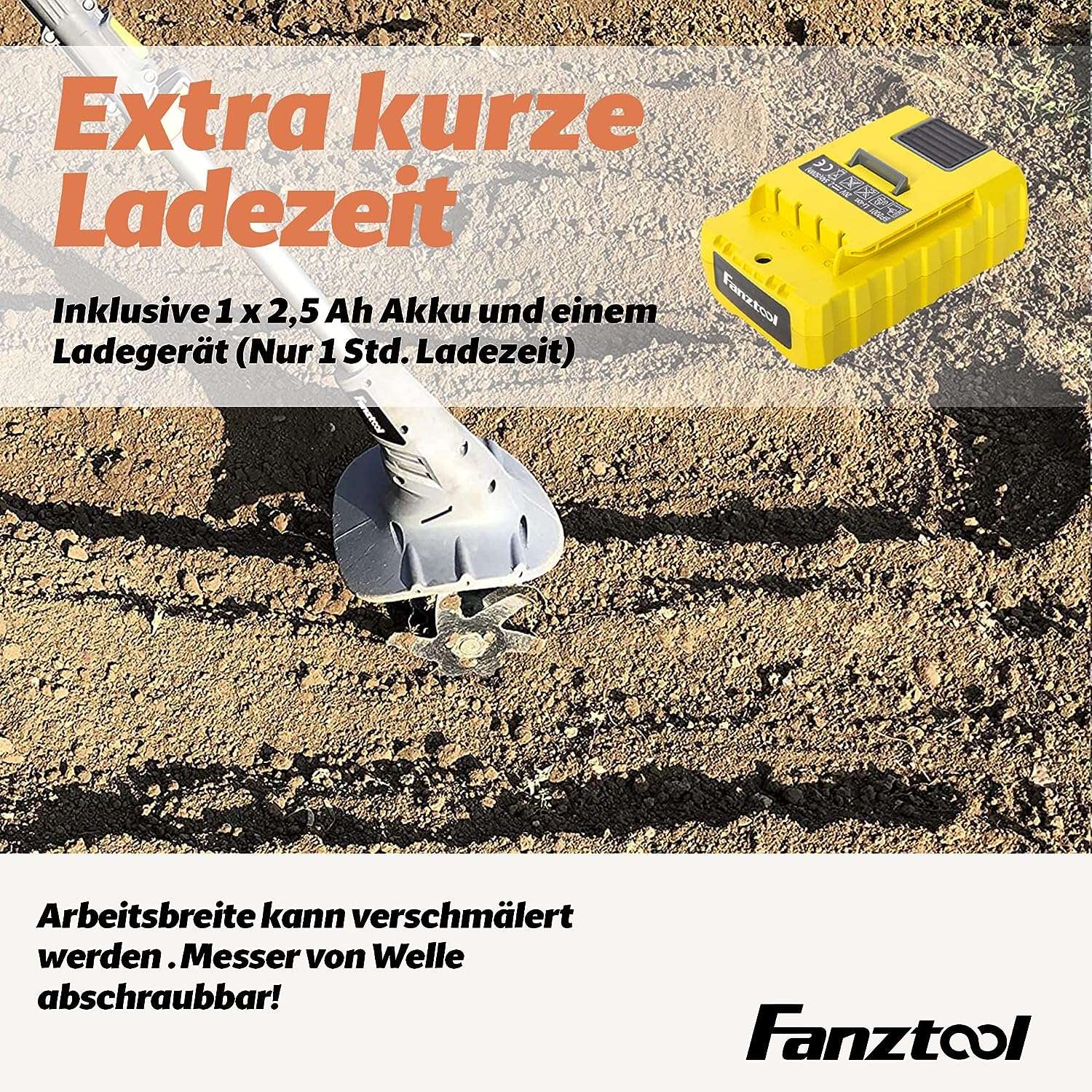 Gebraucht - FANZTOOL 20V Motorhacke Mini-Bodenhacke Bodenkrümler Gartenhacke Kultivator mit 20cm Arbeitsbreite und leistungsstarkem 2,5Ah Li-Ion-Akku von SAMSUNG (Motorhacke+Rasentrimmer Set)