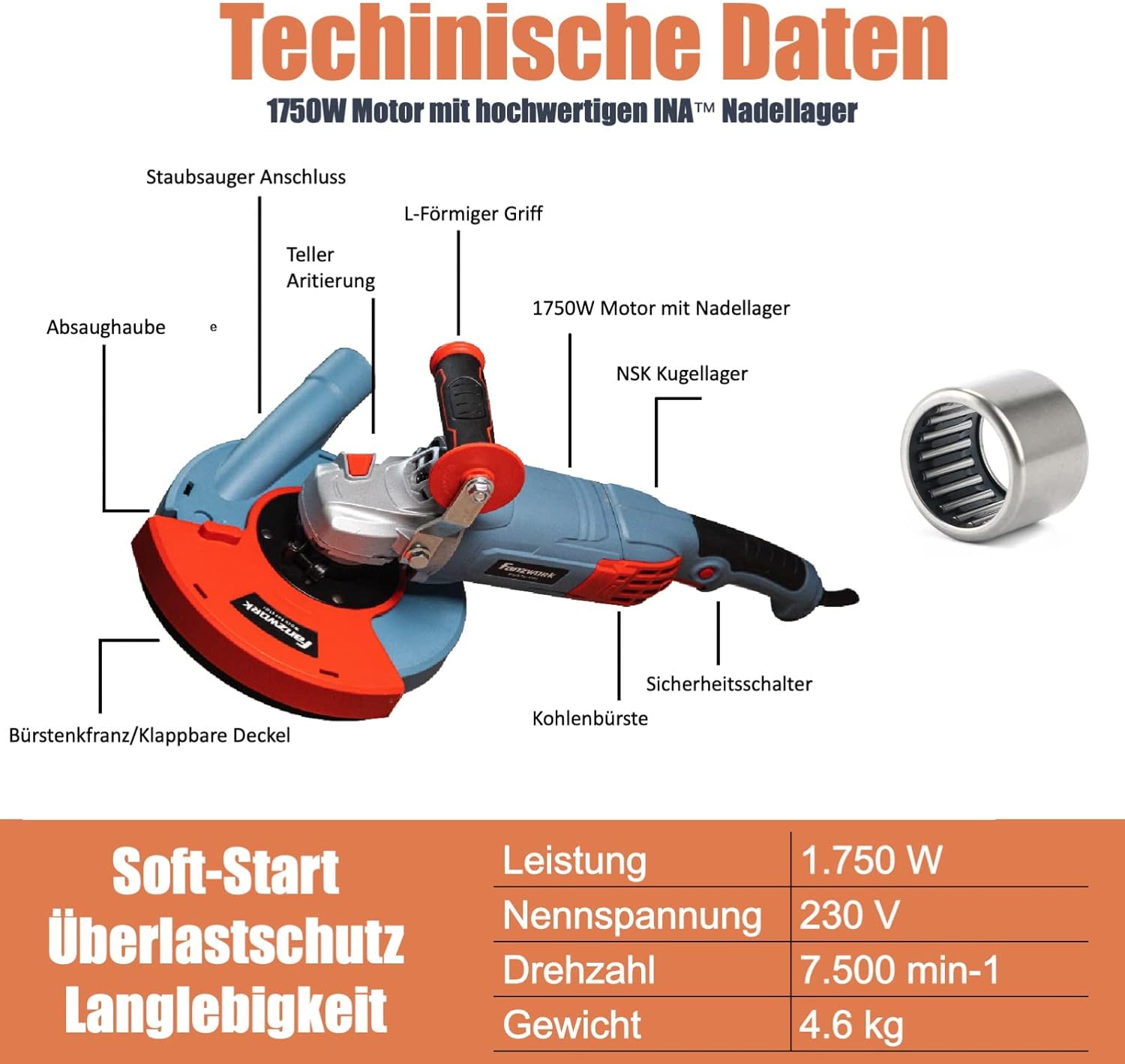 Neuwertig - FANZWORK 1750W/180mm Betonschleifer Set, 7.500 min-1 Umdrehung, inkl. 2 Stk. Premium180mm Diamantschleiftöpfe - Fanztool