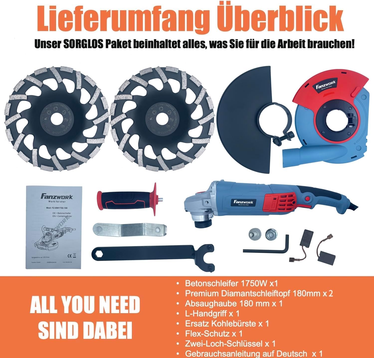 Neuwertig - FANZWORK 1750W/180mm Betonschleifer Set, 7.500 min-1 Umdrehung, inkl. 2 Stk. Premium180mm Diamantschleiftöpfe - Fanztool