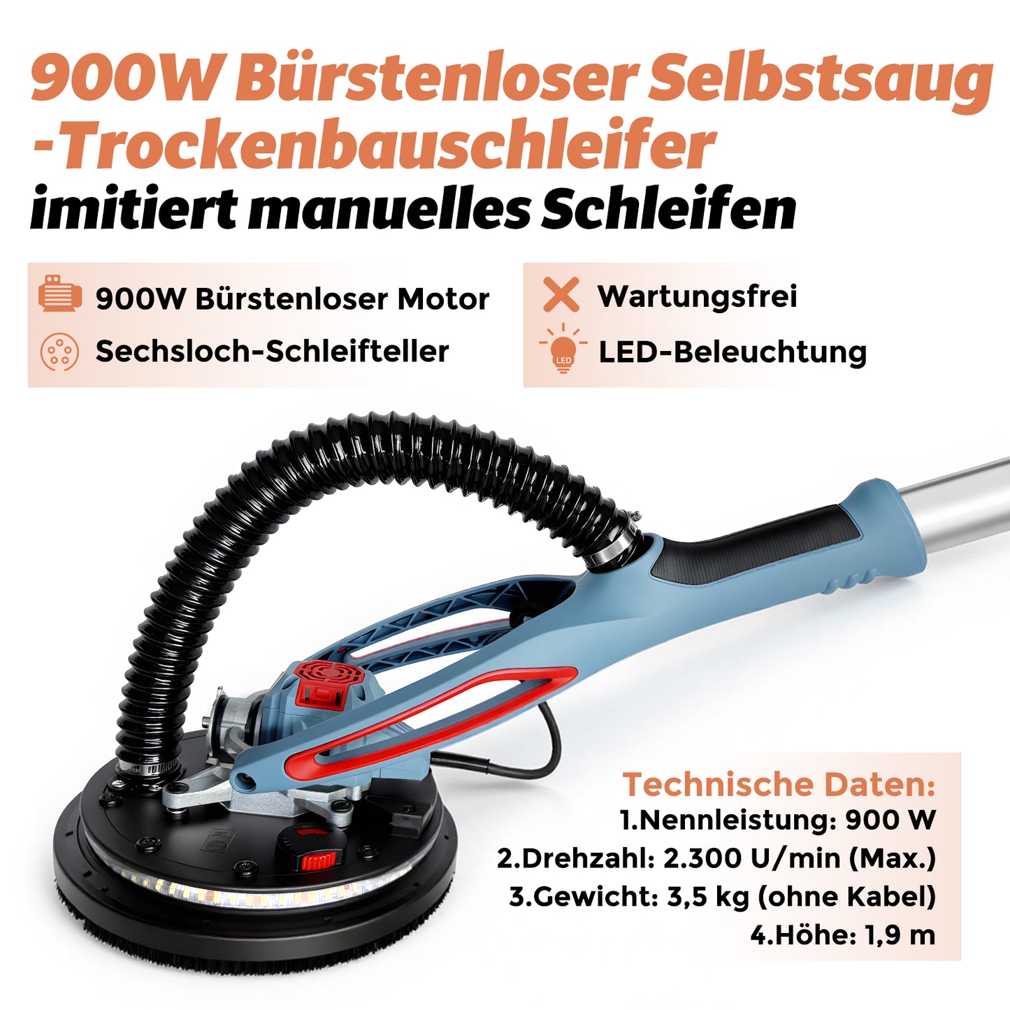 FANZWORK Trockenbauschleifer mit Bürstenlosem EC-Motor 900W, ULTRA-Leicht, 225mm Schleifgiraffe, bis 2300 U/min, Länge bis 1,9m, inkl. LED, 3,8m Kabel, Schleifscheiben, Sauger-Adapter, Tragkoffer - Fanztool