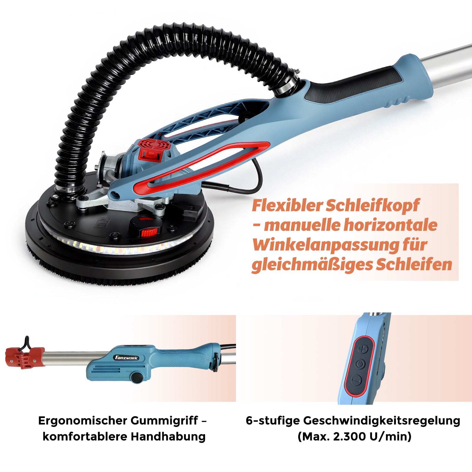FANZWORK Trockenbauschleifer mit Bürstenlosem EC-Motor 900W, ULTRA-Leicht, 225mm Schleifgiraffe, bis 2300 U/min, Länge bis 1,9m, inkl. LED, 3,8m Kabel, Schleifscheiben, Sauger-Adapter, Tragkoffer - Fanztool