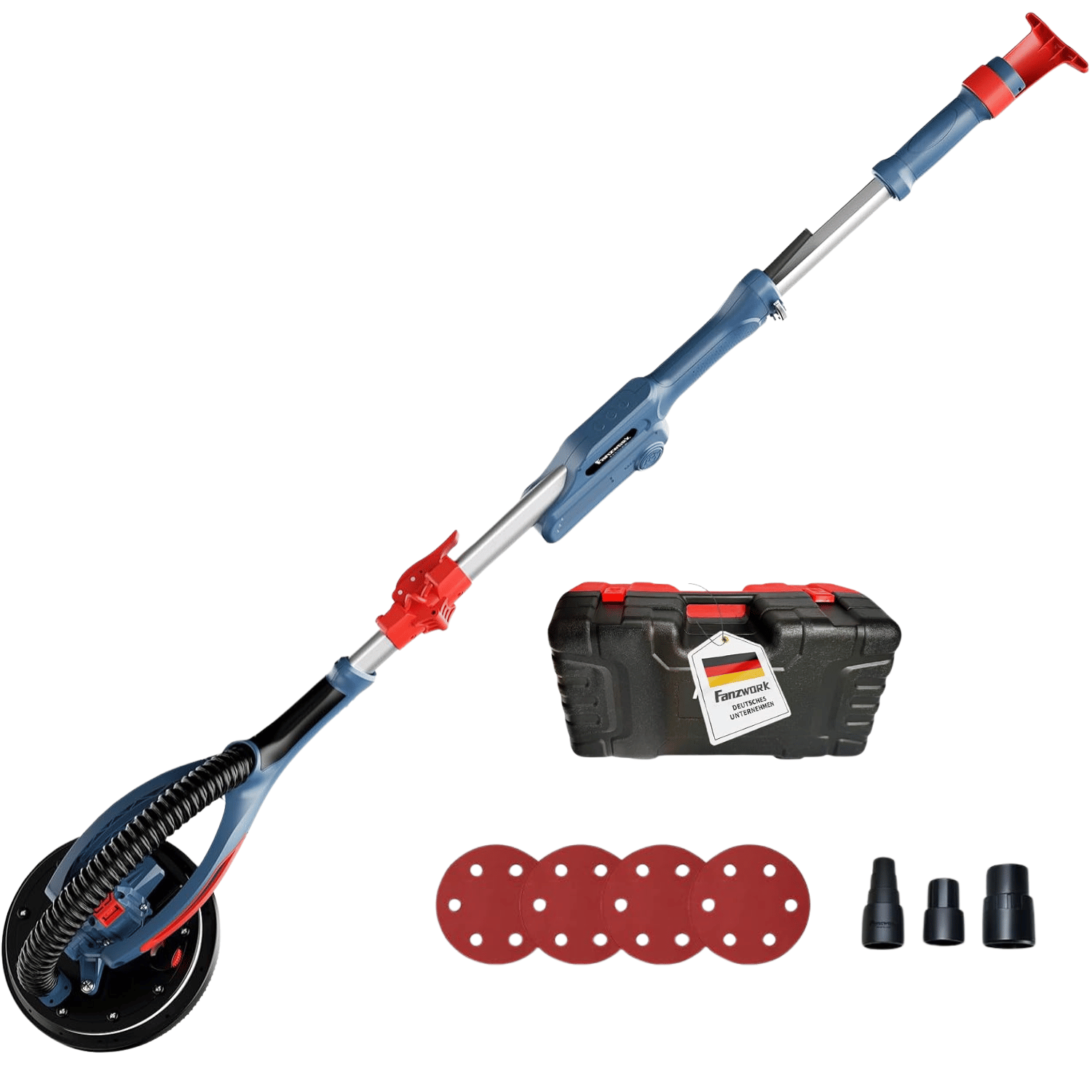 FANZWORK Trockenbauschleifer mit Bürstenlosem EC-Motor 900W, ULTRA-Leicht, 225mm Schleifgiraffe, bis 2300 U/min, Länge bis 1,9m, inkl. LED, 3,8m Kabel, Schleifscheiben, Sauger-Adapter, Tragkoffer - Fanztool