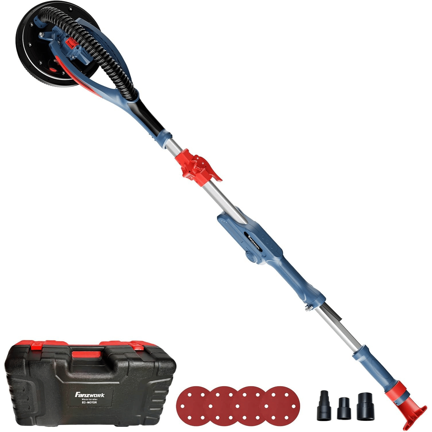 FANZWORK Trockenbauschleifer mit Bürstenlosem EC-Motor 900W, ULTRA-Leicht, 225mm Schleifgiraffe, bis 2300 U/min, Länge bis 1,9m, inkl. LED, 3,8m Kabel, Schleifscheiben, Sauger-Adapter, Tragkoffer - Fanztool