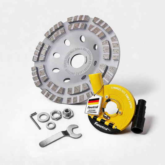 Neuwertig #1P FANZTOOL Pro Absaugaufsatz Absaughaube für Winkelschleifer inkl. 125 mm Diamantschleiftopf PROFI QUALITÄT – Bürsten Auswechselbar – 99% Universal passend – Verstärkter Adapterring – M14 Adapter - Fanztool