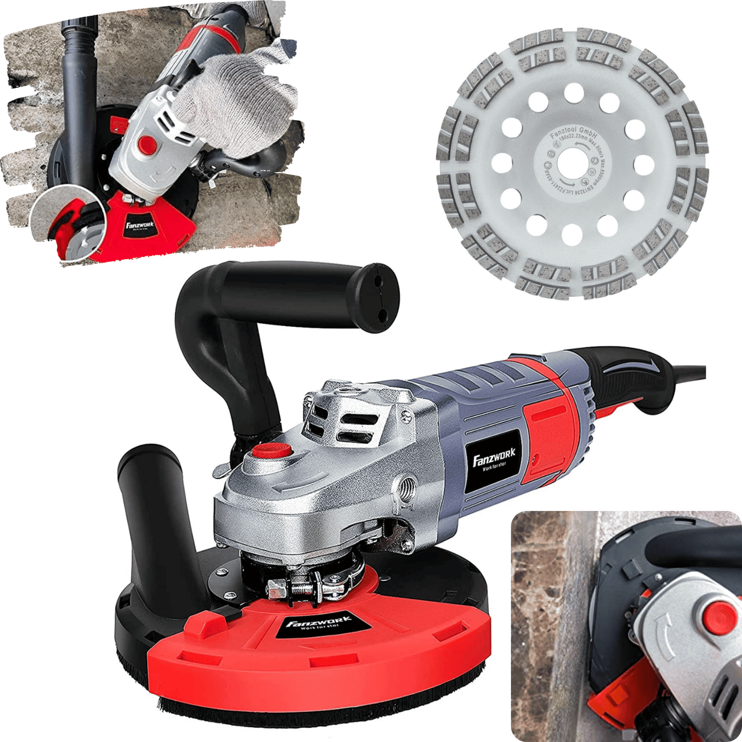 10A FANZWORK concrete grinder concrete milling machine 2000W set with 180mm diamond grinding cup and suction hood