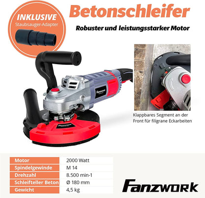 10A FANZWORK Betonschleifer Betonfräse 2000W Set mit 180mm Diamantschleiftopf und Absaughaube