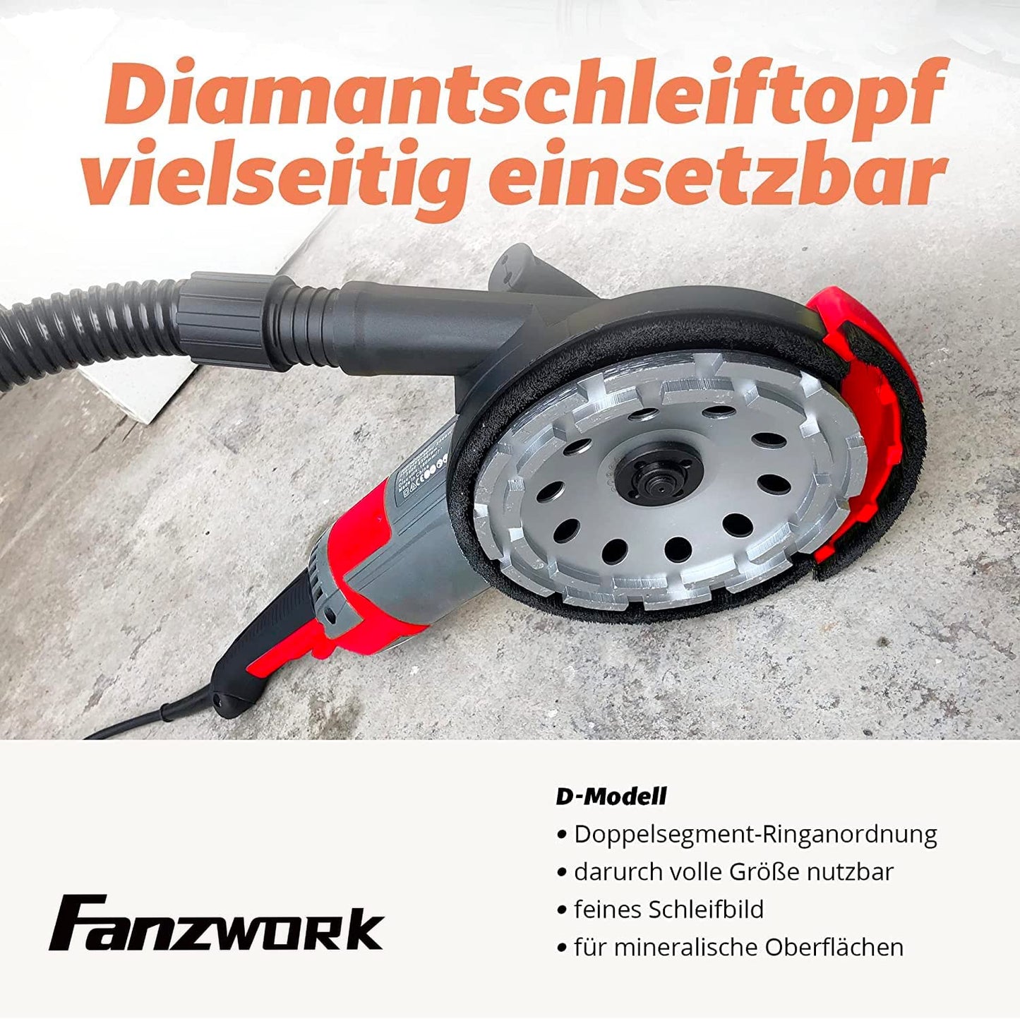 10A FANZWORK Betonschleifer Betonfräse 2000W Set mit 180mm Diamantschleiftopf und Absaughaube