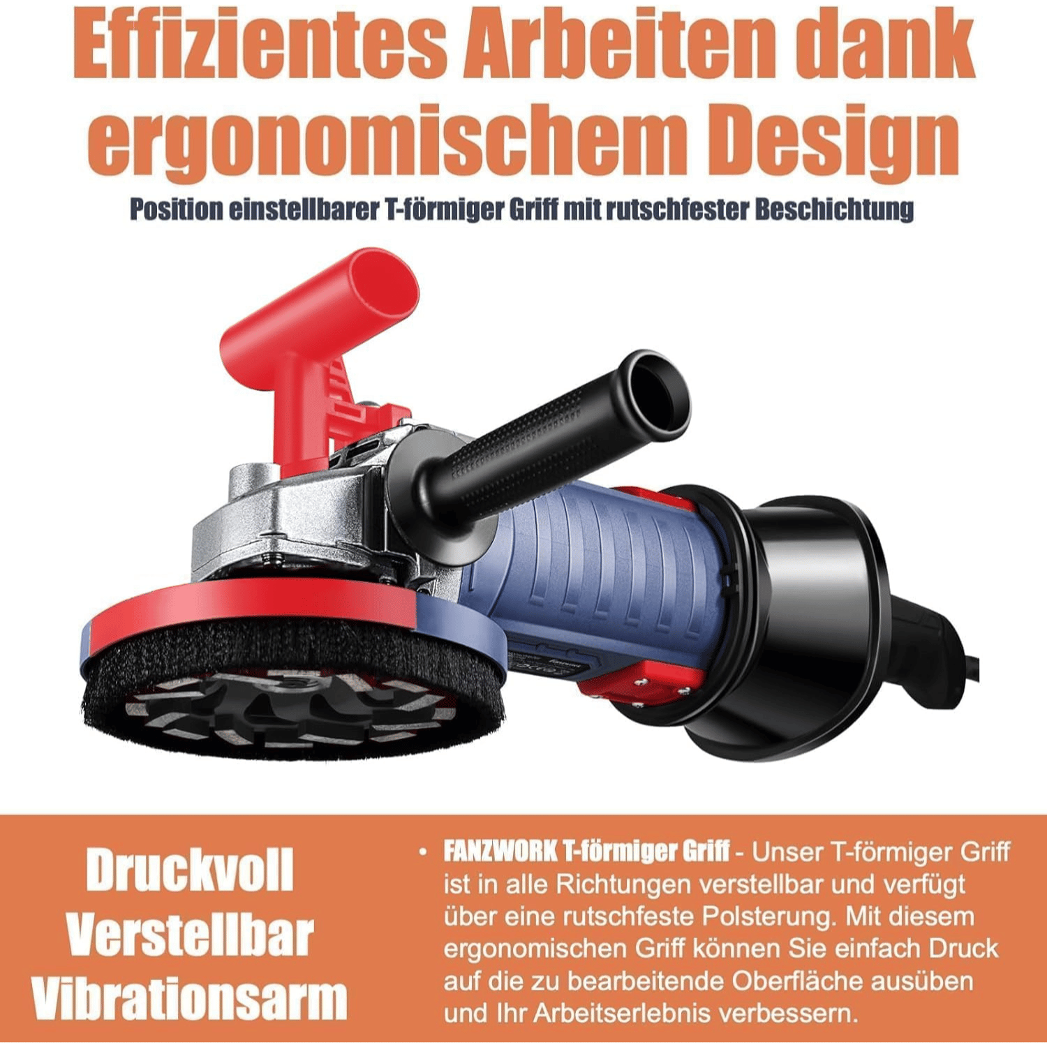 FANZWORK 2100W / 180mm Betonschleifer Betonfräse Set, inkl. Premium 180mm Diamantschleiftopf *2, Absaughaube, T-Förmiger Griff - Fanztool