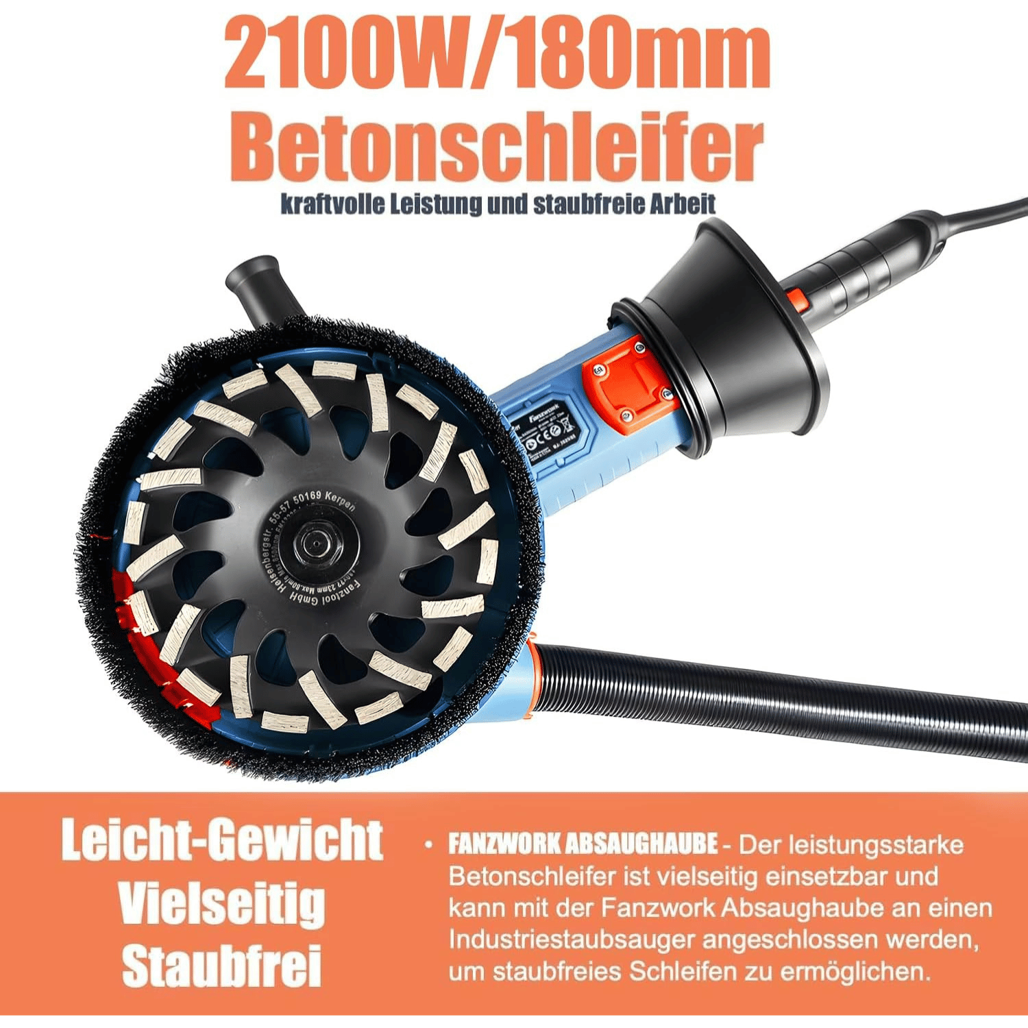 FANZWORK 2100W / 180mm Betonschleifer Betonfräse Set, inkl. Premium 180mm Diamantschleiftopf *2, Absaughaube, T-Förmiger Griff - Fanztool