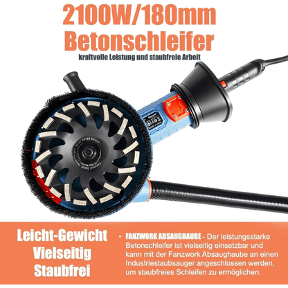 FANZWORK 2100W / 180mm Betonschleifer Betonfräse Set, inkl. Premium 180mm Diamantschleiftopf *2, Absaughaube, T-Förmiger Griff - Fanztool