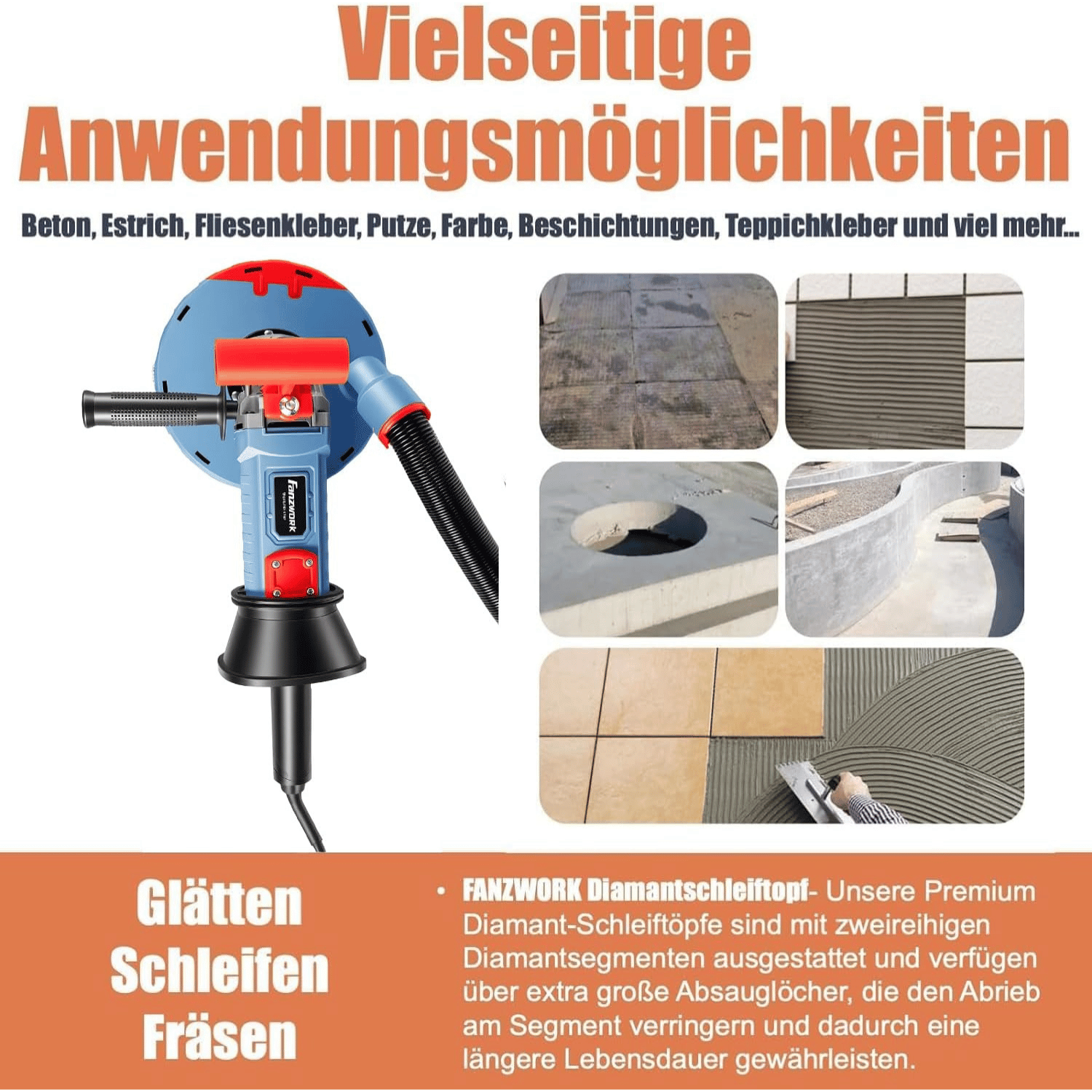 FANZWORK 2100W / 180mm Betonschleifer Betonfräse Set, inkl. Premium 180mm Diamantschleiftopf *2, Absaughaube, T-Förmiger Griff - Fanztool