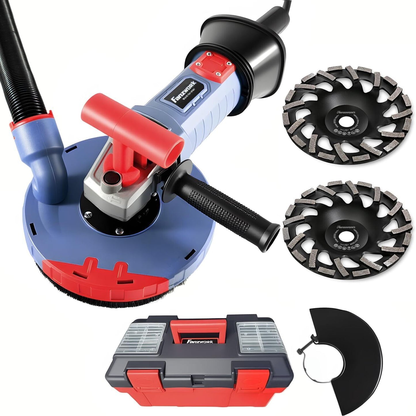 FANZWORK 2100W / 180mm Betonschleifer Betonfräse Set, inkl. Premium 180mm Diamantschleiftopf *2, Absaughaube, T-Förmiger Griff - Fanztool