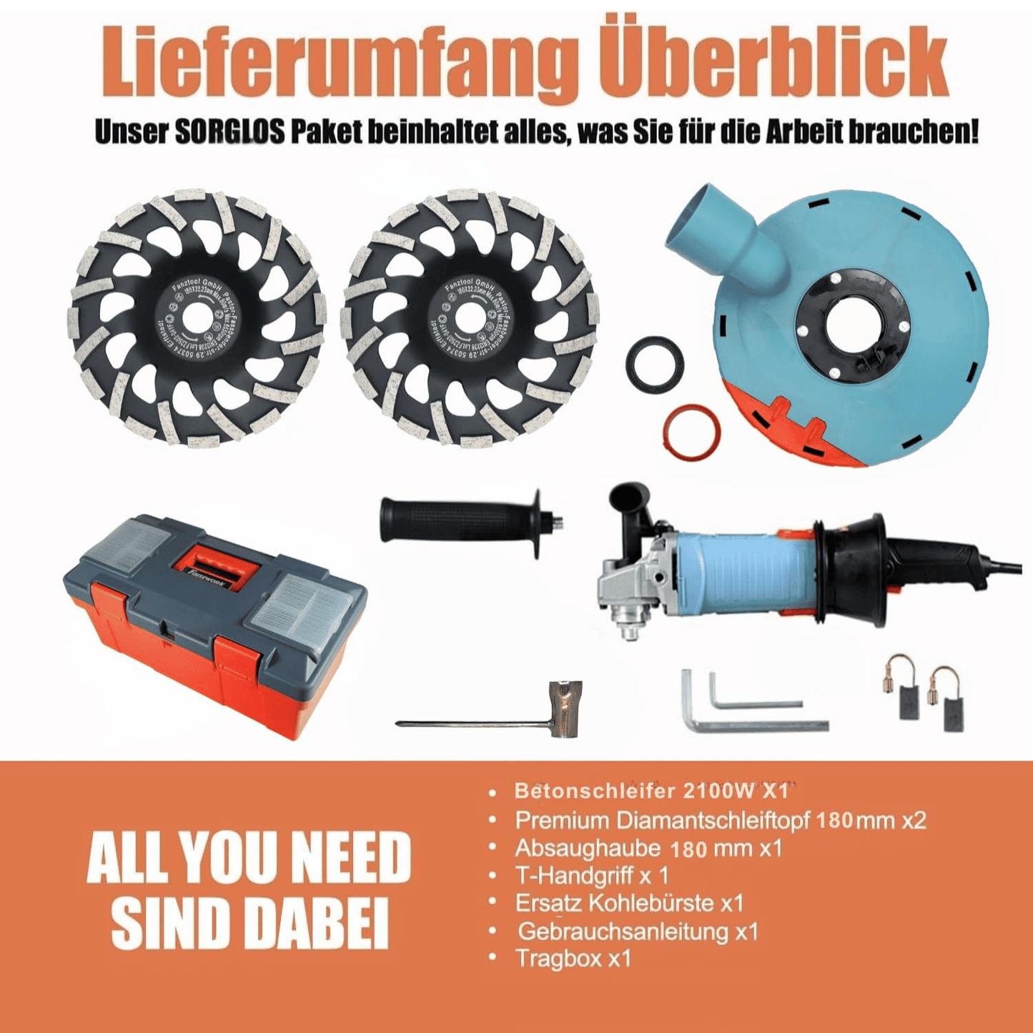 FANZWORK 2100W / 180mm Betonschleifer Betonfräse Set, inkl. Premium 180mm Diamantschleiftopf *2, Absaughaube, T-Förmiger Griff - Fanztool