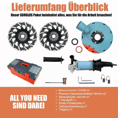 FANZWORK 2100W / 180mm Betonschleifer Betonfräse Set, inkl. Premium 180mm Diamantschleiftopf *2, Absaughaube, T-Förmiger Griff - Fanztool