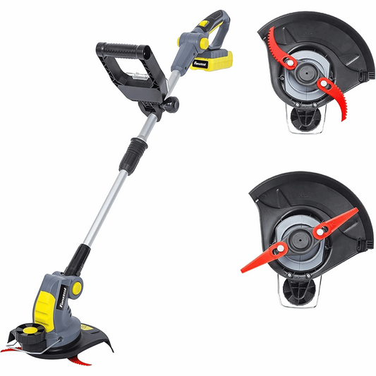 Neuwertig - FANZTOOL Akku Rasentrimmer 20V, inkl. 2Ah Akku, Ladegerät, Gerade Messer für Glatt- und Feinschnitt Und gekrümmte Messer mit Zähnen für Grobschnitt