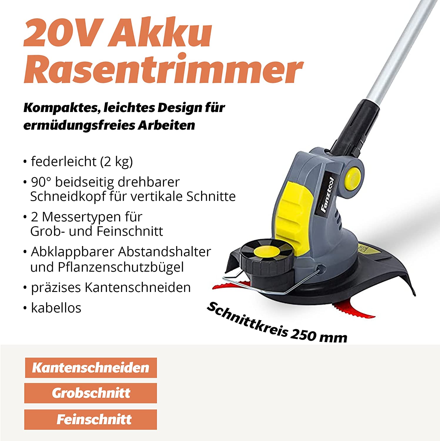 Gebraucht - FANZTOOL Akku Rasentrimmer 20V, inkl. 2Ah Akku, Ladegerät, Gerade Messer für Glatt- und Feinschnitt Und gekrümmte Messer mit Zähnen für Grobschnitt - Fanztool