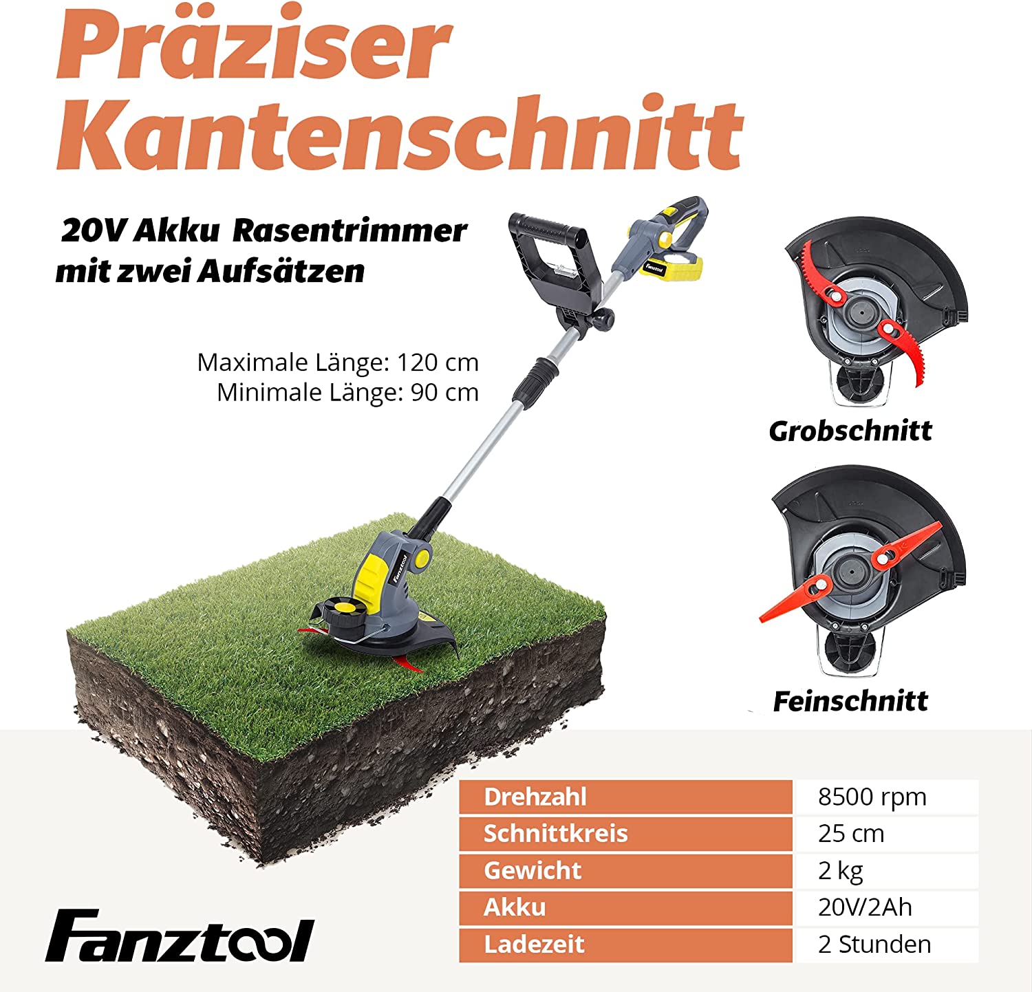 Gebraucht - FANZTOOL Akku Rasentrimmer 20V, inkl. 2Ah Akku, Ladegerät, Gerade Messer für Glatt- und Feinschnitt Und gekrümmte Messer mit Zähnen für Grobschnitt - Fanztool