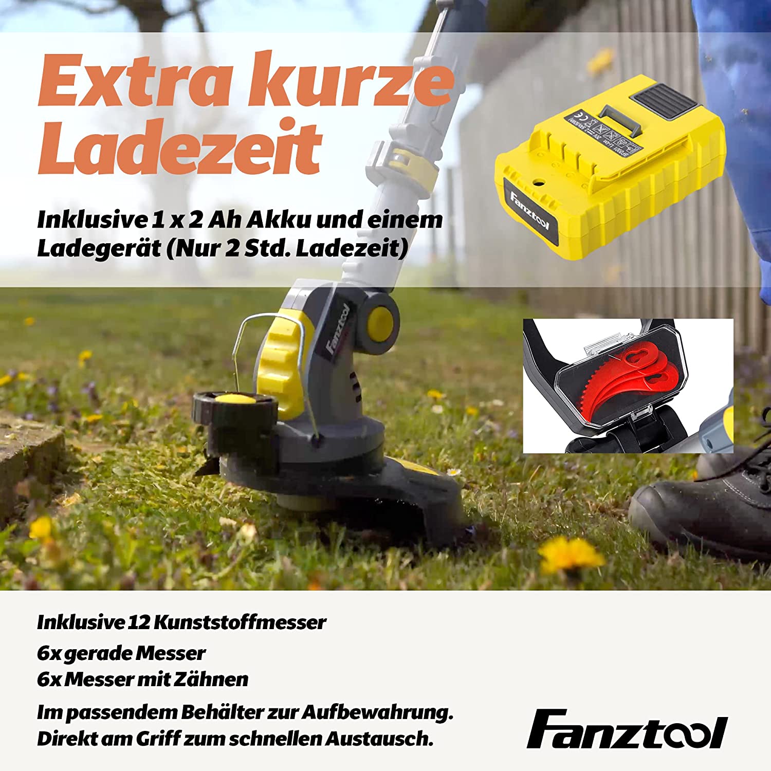 Gebraucht - FANZTOOL Akku Rasentrimmer 20V, inkl. 2Ah Akku, Ladegerät, Gerade Messer für Glatt- und Feinschnitt Und gekrümmte Messer mit Zähnen für Grobschnitt - Fanztool