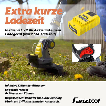 Gebraucht - FANZTOOL Akku Rasentrimmer 20V, inkl. 2Ah Akku, Ladegerät, Gerade Messer für Glatt- und Feinschnitt Und gekrümmte Messer mit Zähnen für Grobschnitt - Fanztool