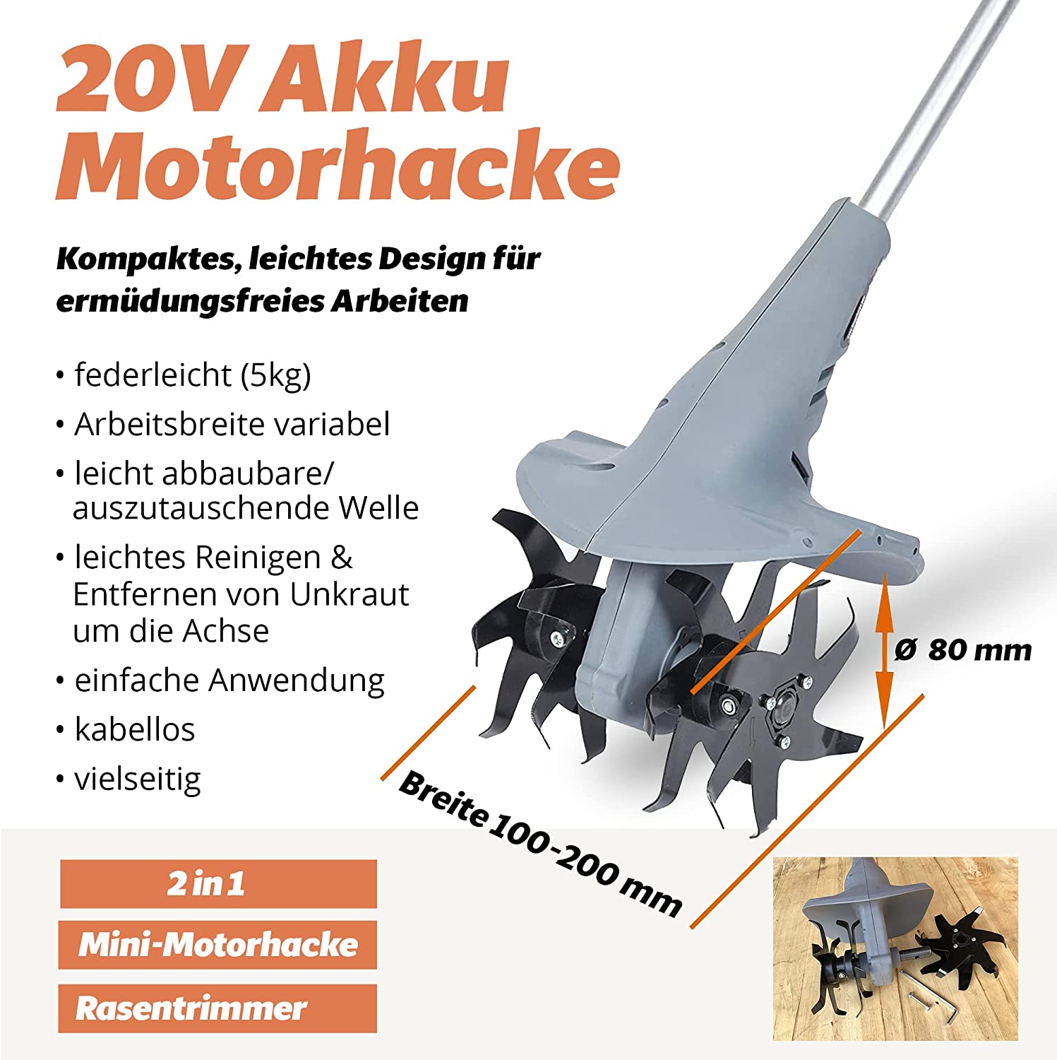 FANZTOOL 20V Motorhacke Mini-Bodenhacke Bodenfräse +Rasentrimmer Set mit 20cm Arbeitsbreite - Fanztool