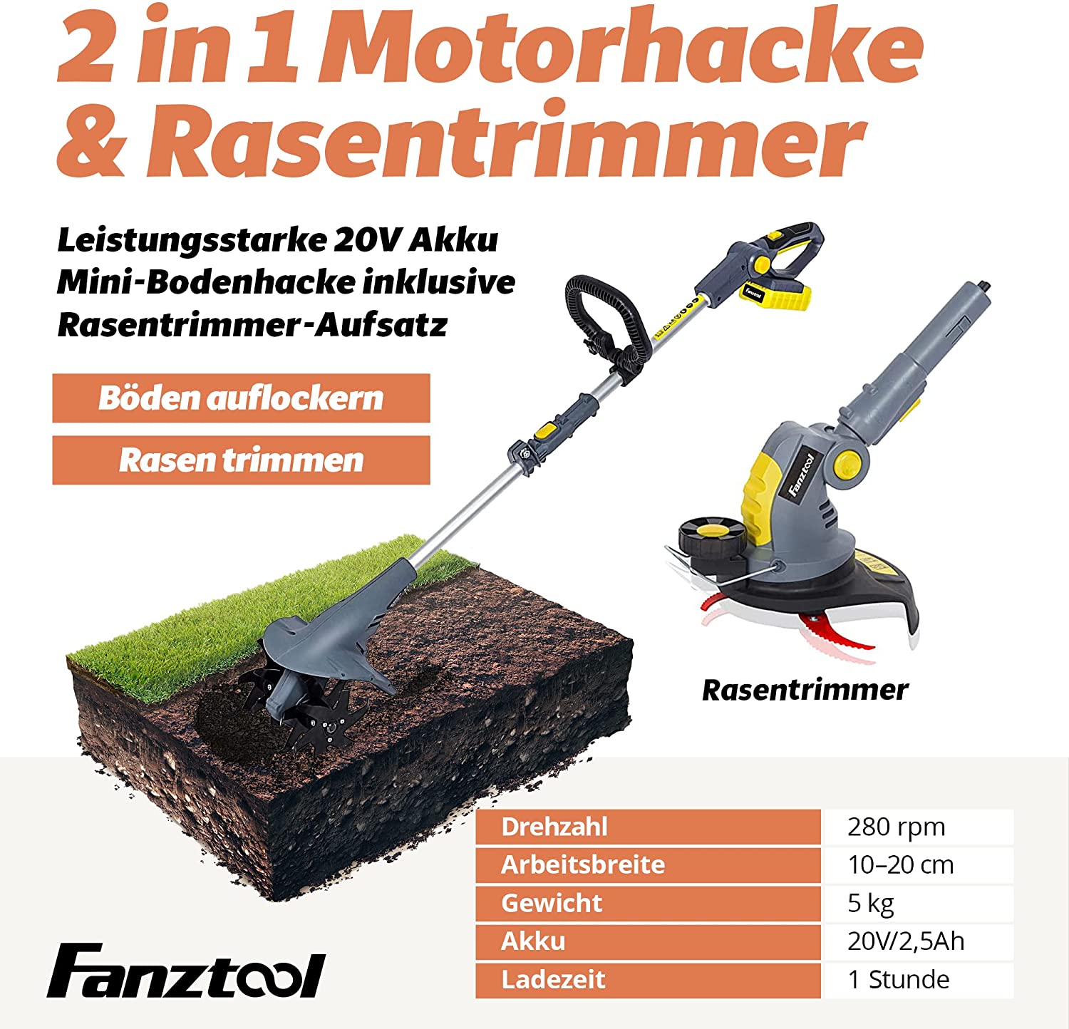 FANZTOOL 20V Motorhacke Mini-Bodenhacke Bodenfräse +Rasentrimmer Set mit 20cm Arbeitsbreite - Fanztool