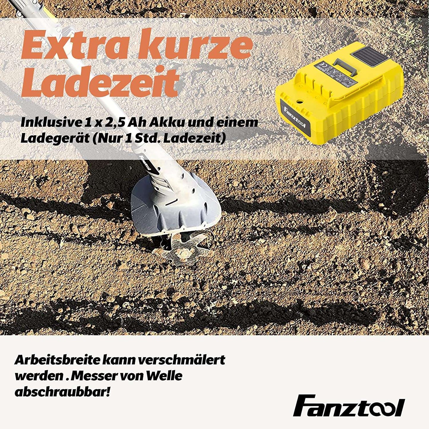 Neuwertig - FANZTOOL 20V Motorhacke Mini-Bodenhacke Bodenkrümler Gartenhacke Kultivator mit 20cm Arbeitsbreite und leistungsstarkem 2,5Ah Li-Ion-Akku von SAMSUNG (Motorhacke+Rasentrimmer Set)