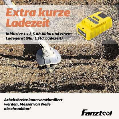 Neuwertig - FANZTOOL 20V Motorhacke Mini-Bodenhacke Bodenkrümler Gartenhacke Kultivator mit 20cm Arbeitsbreite und leistungsstarkem 2,5Ah Li-Ion-Akku von SAMSUNG (Motorhacke+Rasentrimmer Set)