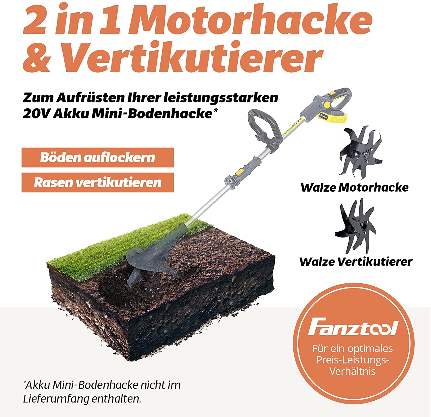 FANZTOOL Vertikutierer Aufsatz für elektrische Bodenhacke - Fanztool