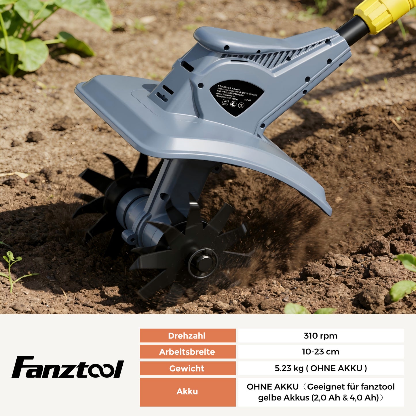FANZTOOL Akku-Motorhacke mit 23cm Arbeitsbreite,16 cm Arbeitstiefe, Akku Gartenfräse mit 4 Robuste Hackmesser, Bodenhacke für klein Beet & Garten(ohne Akku) - Fanztool