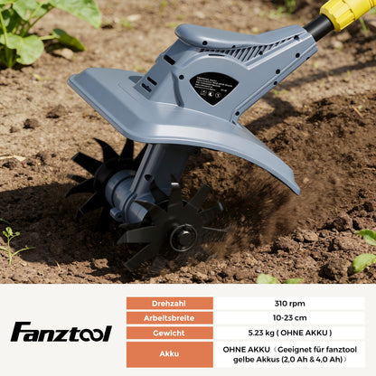 FANZTOOL Akku-Motorhacke mit 23cm Arbeitsbreite,16 cm Arbeitstiefe, Akku Gartenfräse mit 4 Robuste Hackmesser, Bodenhacke für klein Beet & Garten(ohne Akku) - Fanztool