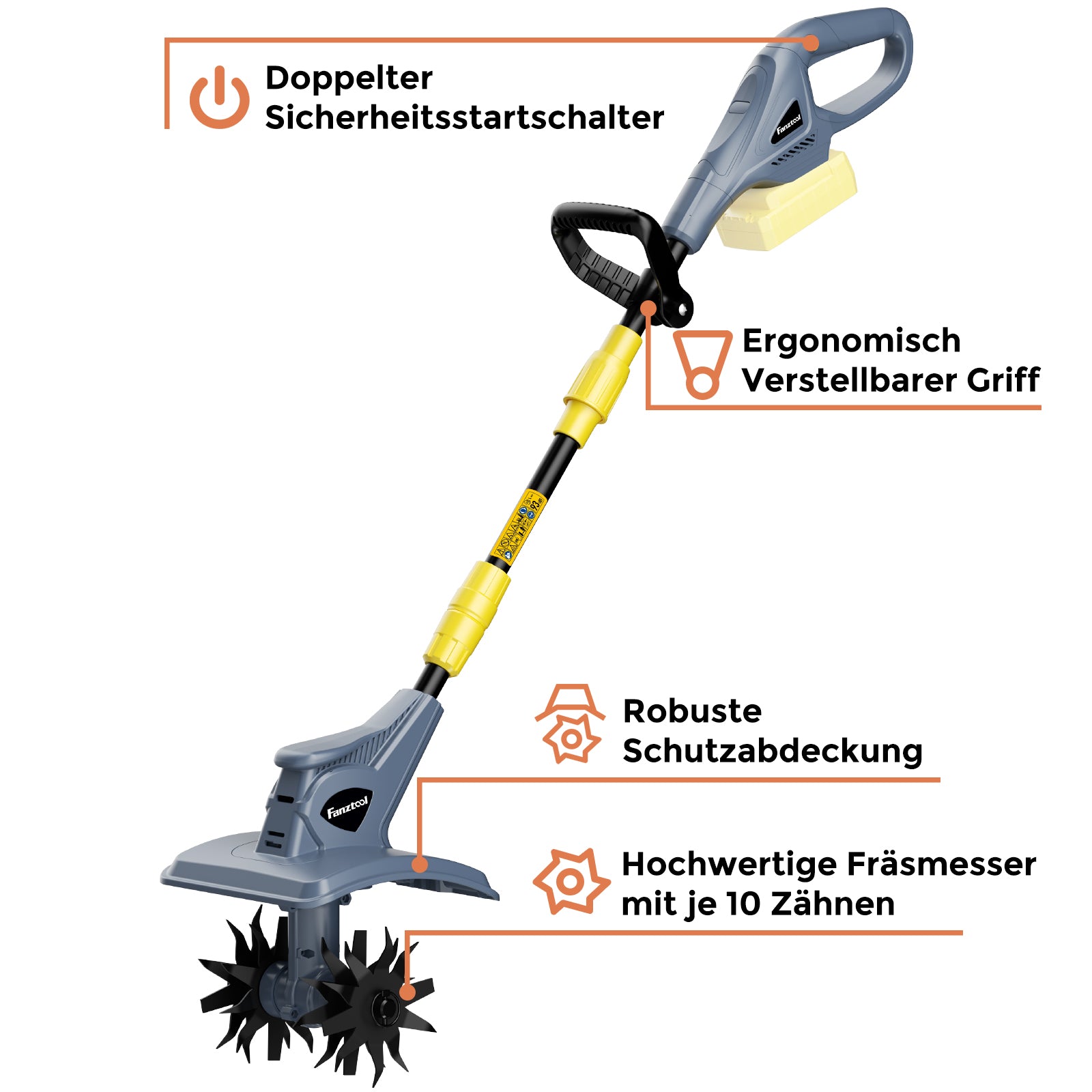 FANZTOOL Akku-Motorhacke mit 23cm Arbeitsbreite,16 cm Arbeitstiefe, Akku Gartenfräse mit 4 Robuste Hackmesser, Bodenhacke für klein Beet & Garten(ohne Akku) - Fanztool