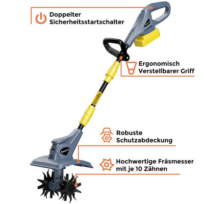 FANZTOOL Akku-Motorhacke mit 23cm Arbeitsbreite,16 cm Arbeitstiefe, Akku Gartenfräse mit 4 Robuste Hackmesser, Bodenhacke für klein Beet & Garten(ohne Akku) - Fanztool