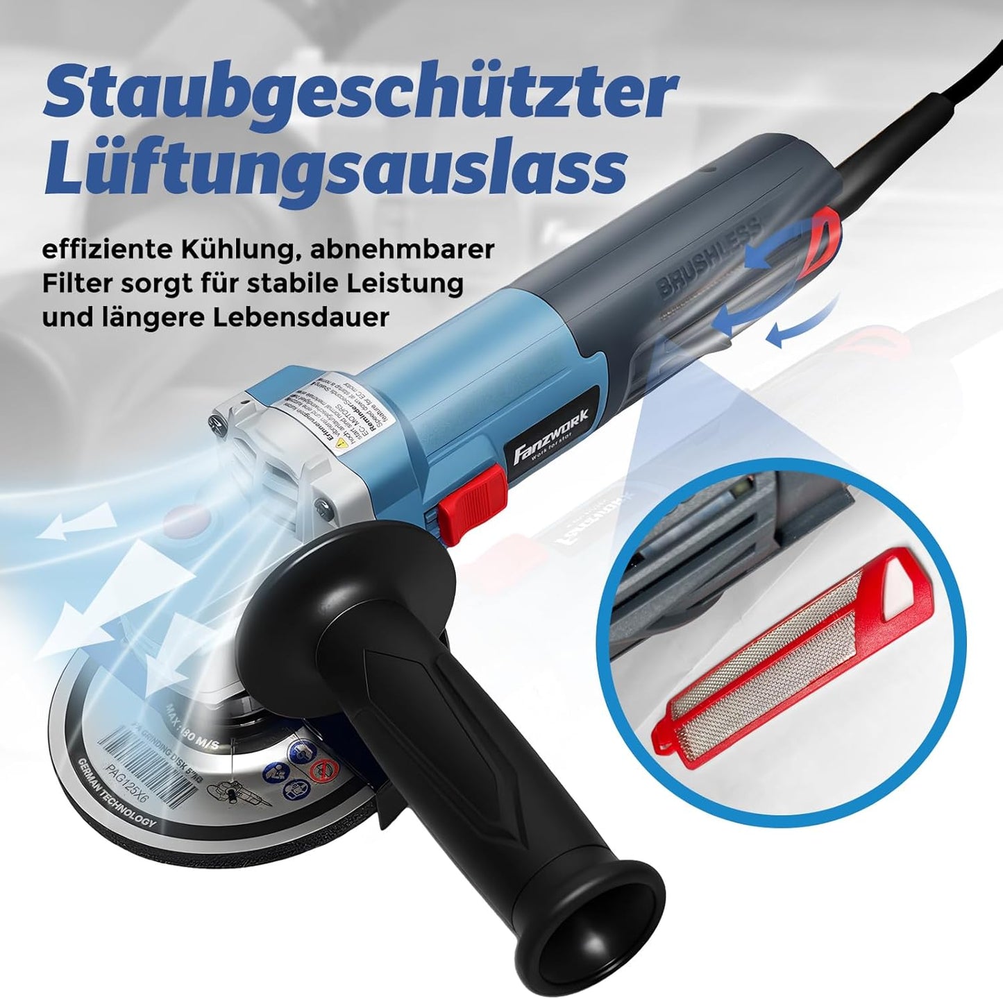 FANZWORK Winkelschleifer 1500W Bürstenloser EC Motor, Schutzhaube 125mm *1, 2 kg Leicht