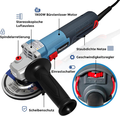 FANZWORK Winkelschleifer 1500W Bürstenloser EC Motor, Schutzhaube 125mm *1, 2 kg Leicht