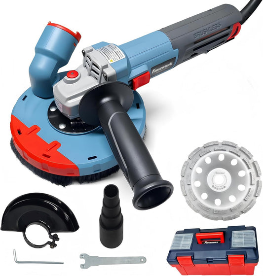 FANZWORK 1500W Betonschleifer Winkelschleifer Set mit Bürstenloser EC-Motor, Betonfräse mit 150mm Diamantschleiftopf *1, Absaughaube *1, Tragbox *1, Präzises & Wartungsfreies Schleifen
