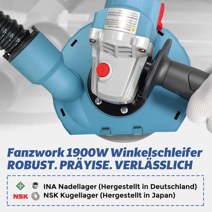 FANZWORK 1500W Betonschleifer Winkelschleifer Set mit Bürstenloser EC-Motor, Betonfräse mit 150mm Diamantschleiftopf *2, Absaughaube *1, Tragbox *1, Präzises & Wartungsfreies Schleifen