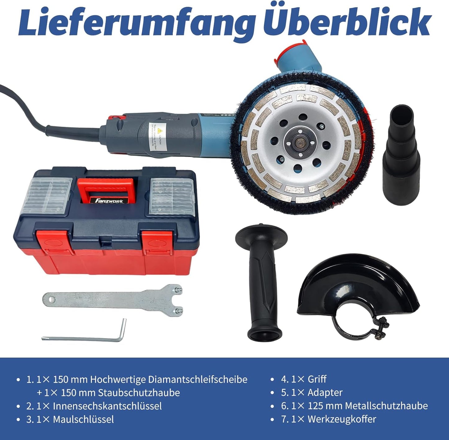 FANZWORK 1500W Betonschleifer Winkelschleifer Set mit Bürstenloser EC-Motor, Betonfräse mit 150mm Diamantschleiftopf *2, Absaughaube *1, Tragbox *1, Präzises & Wartungsfreies Schleifen