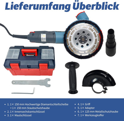 FANZWORK 1500W Betonschleifer Winkelschleifer Set mit Bürstenloser EC-Motor, Betonfräse mit 150mm Diamantschleiftopf *2, Absaughaube *1, Tragbox *1, Präzises & Wartungsfreies Schleifen