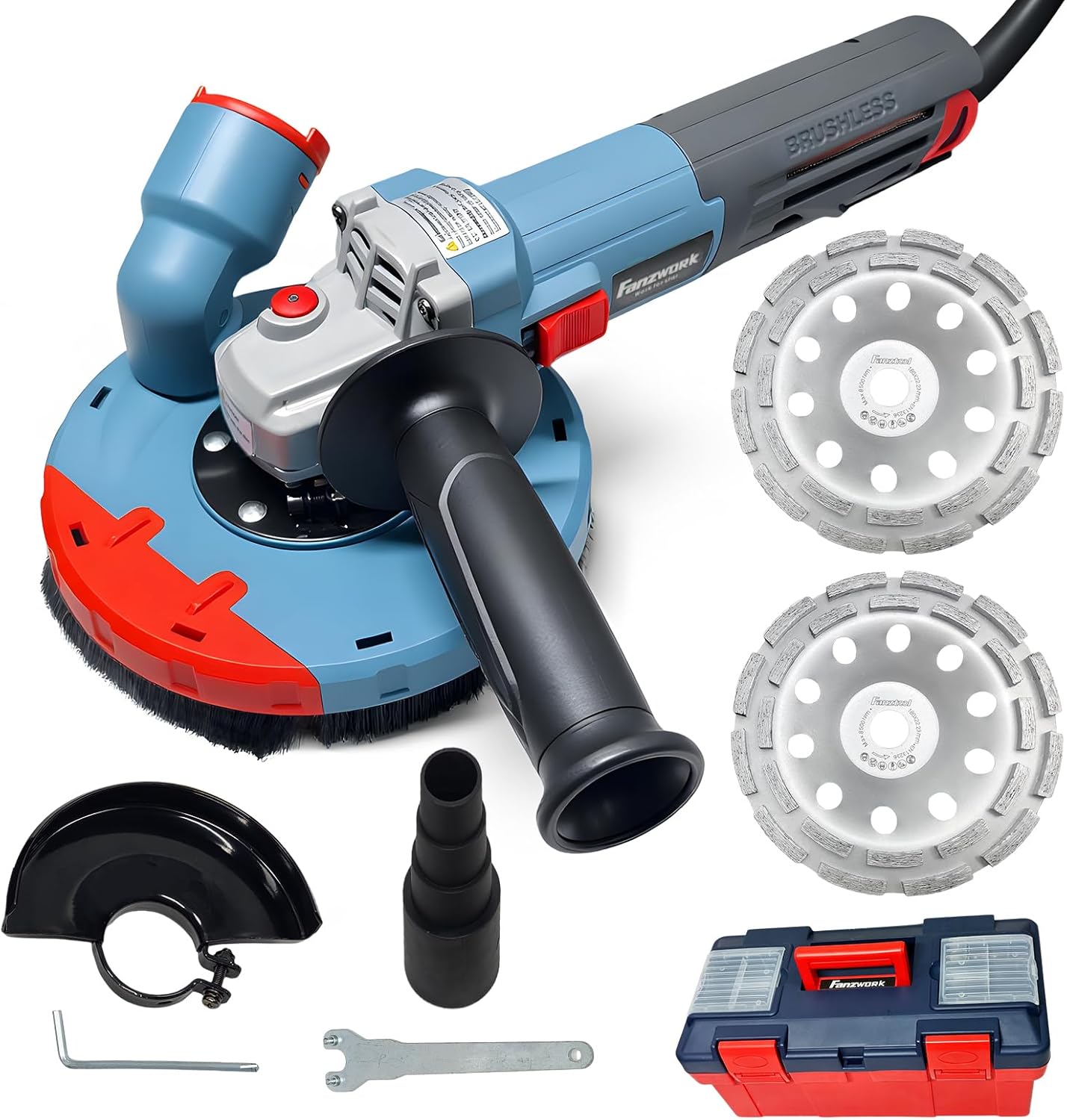 FANZWORK 1500W Betonschleifer Winkelschleifer Set mit Bürstenloser EC-Motor, Betonfräse mit 150mm Diamantschleiftopf *2, Absaughaube *1, Tragbox *1, Präzises & Wartungsfreies Schleifen