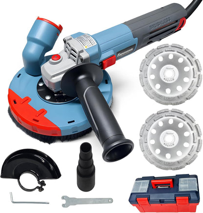 FANZWORK 1500W Betonschleifer Winkelschleifer Set mit Bürstenloser EC-Motor, Betonfräse mit 150mm Diamantschleiftopf *2, Absaughaube *1, Tragbox *1, Präzises & Wartungsfreies Schleifen