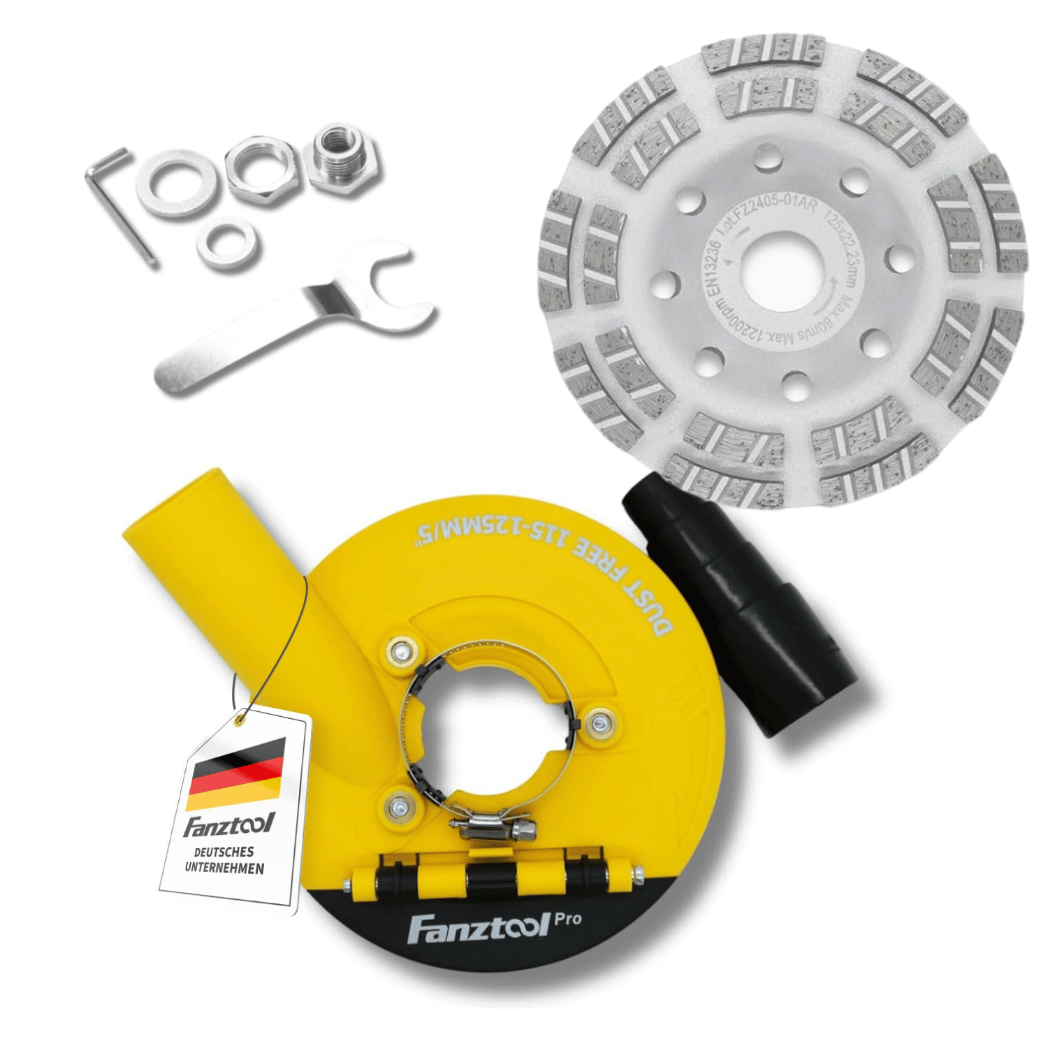 #1P NEU FANZWORK 3.Generation Absaughaube für Winkelschleifer inkl. 125 mm Diamantschleiftopf PROFI QUALITÄT – Bürsten Auswechselbar – 99% Universal passend – Verstärkter Adapterring – M14 Adapter - Fanztool