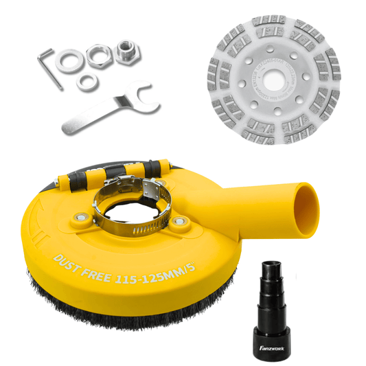 #1P NEU FANZWORK 3.Generation Absaughaube für Winkelschleifer inkl. 125 mm Diamantschleiftopf PROFI QUALITÄT – Bürsten Auswechselbar – 99% Universal passend – Verstärkter Adapterring – M14 Adapter