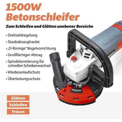 FANZWORK Betonschleifer Betonfräse Set mit Diamantschleiftopf und Absaughaube (1500W/125mm+) FT-2302 - Fanztool