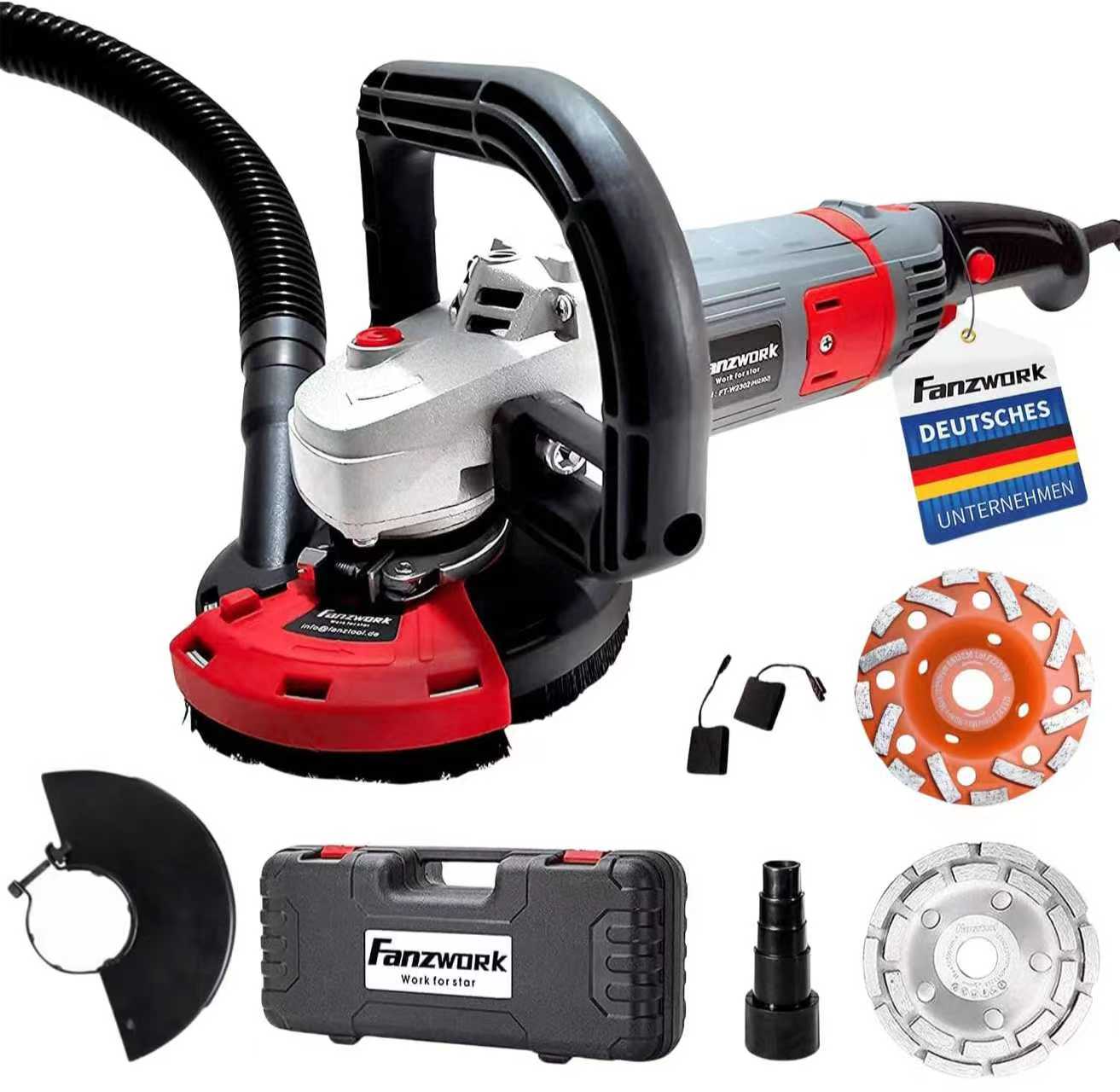 FANZWORK Betonschleifer Betonfräse Set mit Diamantschleiftopf und Absaughaube (1500W/125mm+) FT2302