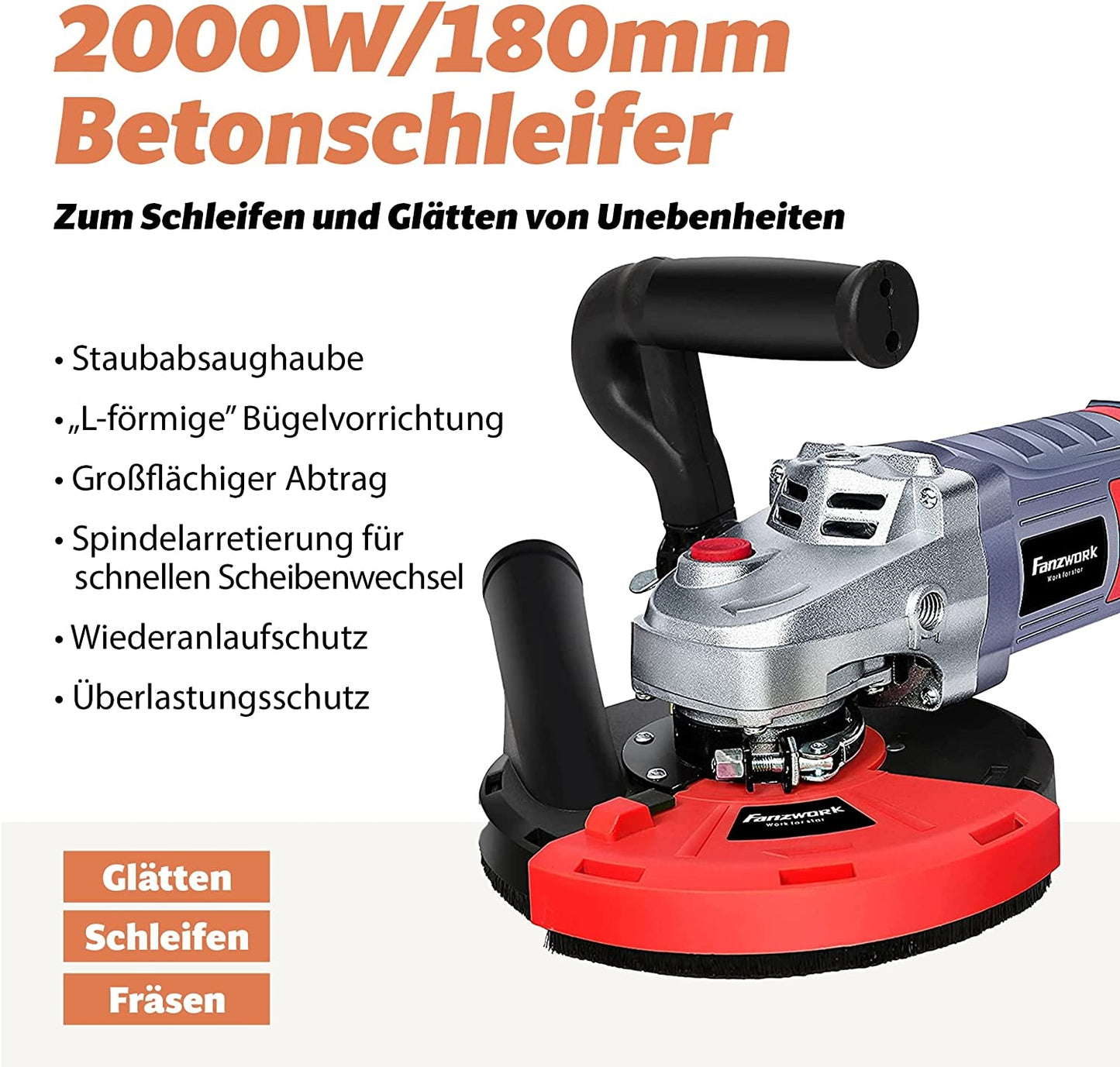 10A FANZWORK Betonschleifer Betonfräse 2000W Set mit 180mm Diamantschleiftopf und Absaughaube