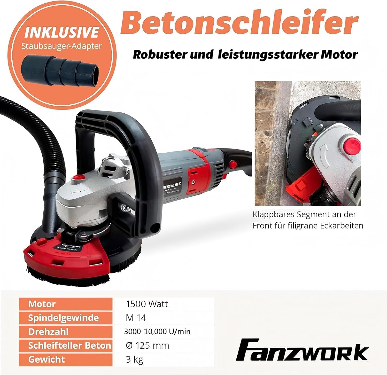 FANZWORK Betonschleifer Betonfräse Set mit Diamantschleiftopf und Absaughaube (1500W/125mm+) FT-2302 - Fanztool