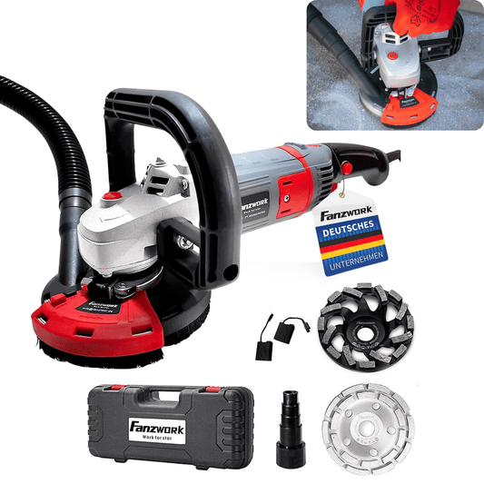 As good as new - FANZWORK concrete grinder concrete milling machine set with diamond grinding cup and suction hood (1500W/125mm+)