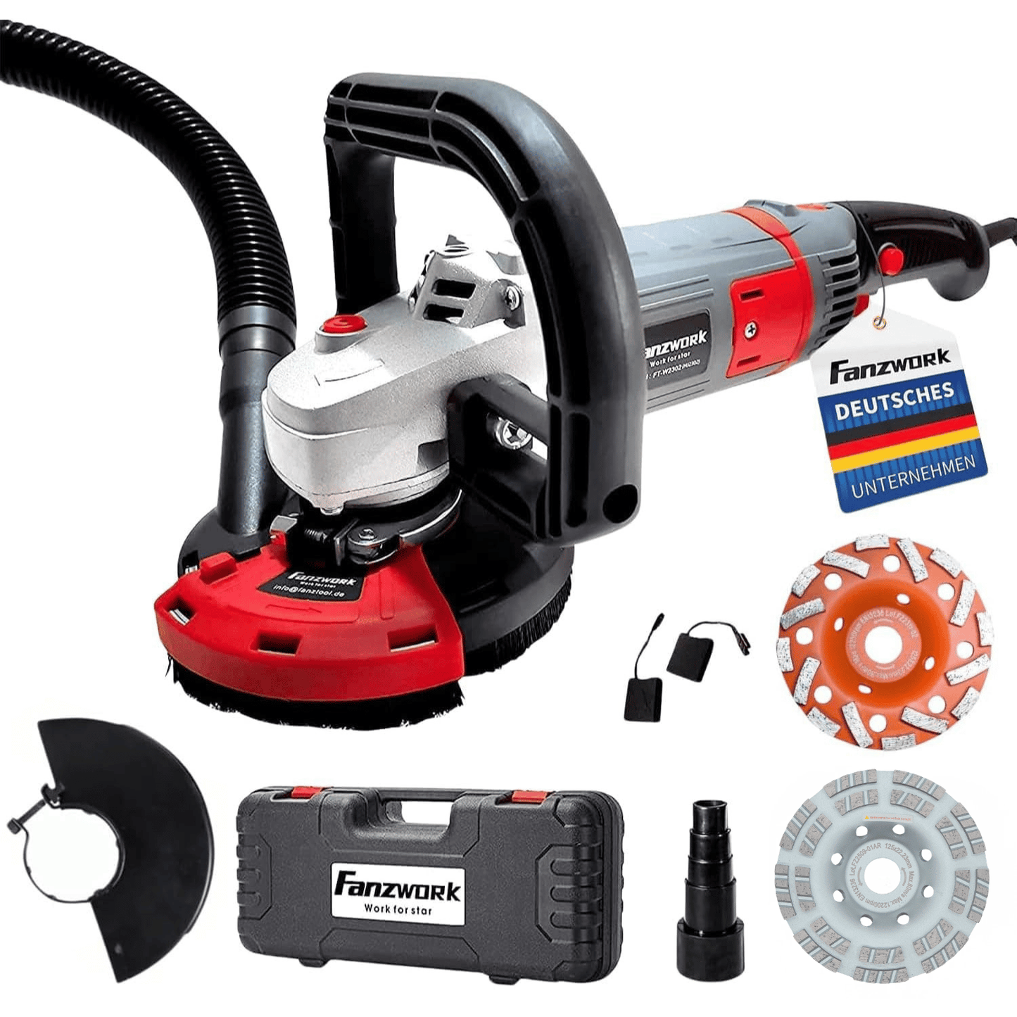 Neuwertig - FANZWORK Betonschleifer Betonfräse Set mit Diamantschleiftopf und Absaughaube (1500W/125mm+) FT2302 - Fanztool